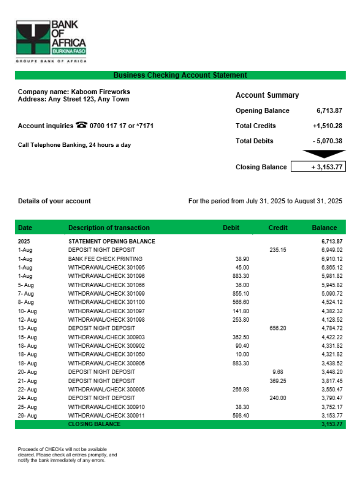 Modèle Word et PDF de relevé de compte courant d'entreprise de Bank of Africa